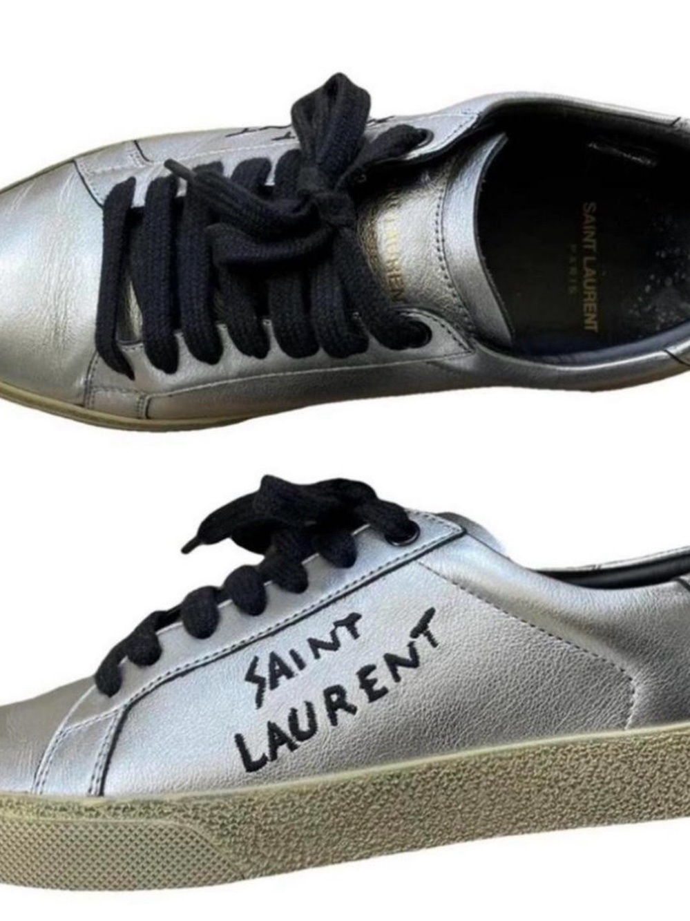 Saint Laurent Silver Leather Low-Top Sneakers with Black Laces